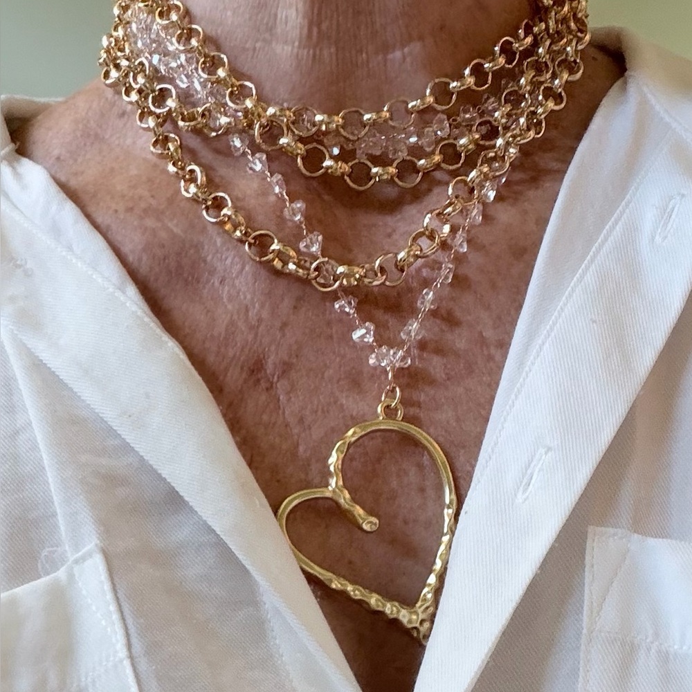 2 Multi-Style necklaces Gold Heart Pendant w/ Crystals &long gold chain. - Picture 8 of 13